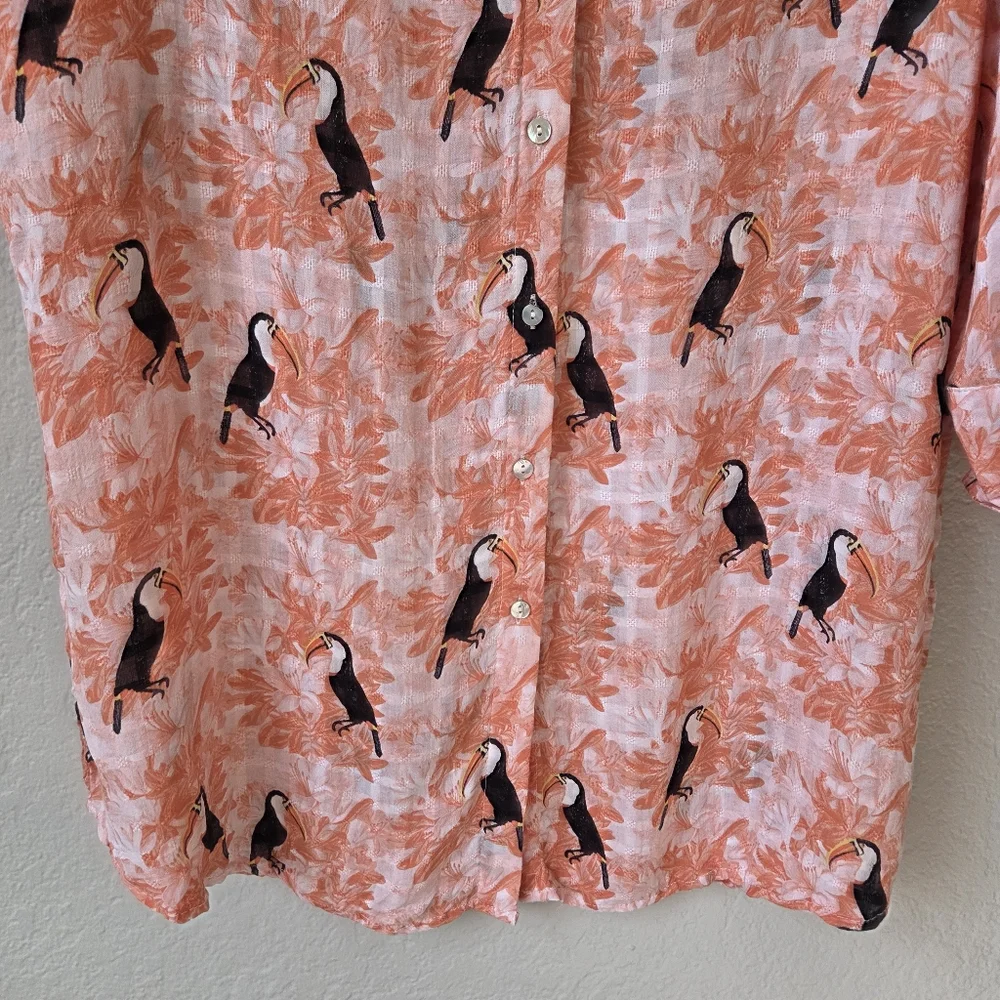 Jane Delancey Tunic Shirt Dress Size M Orange Tropical Tucans Bird Print Resort - Picture 4 of 16